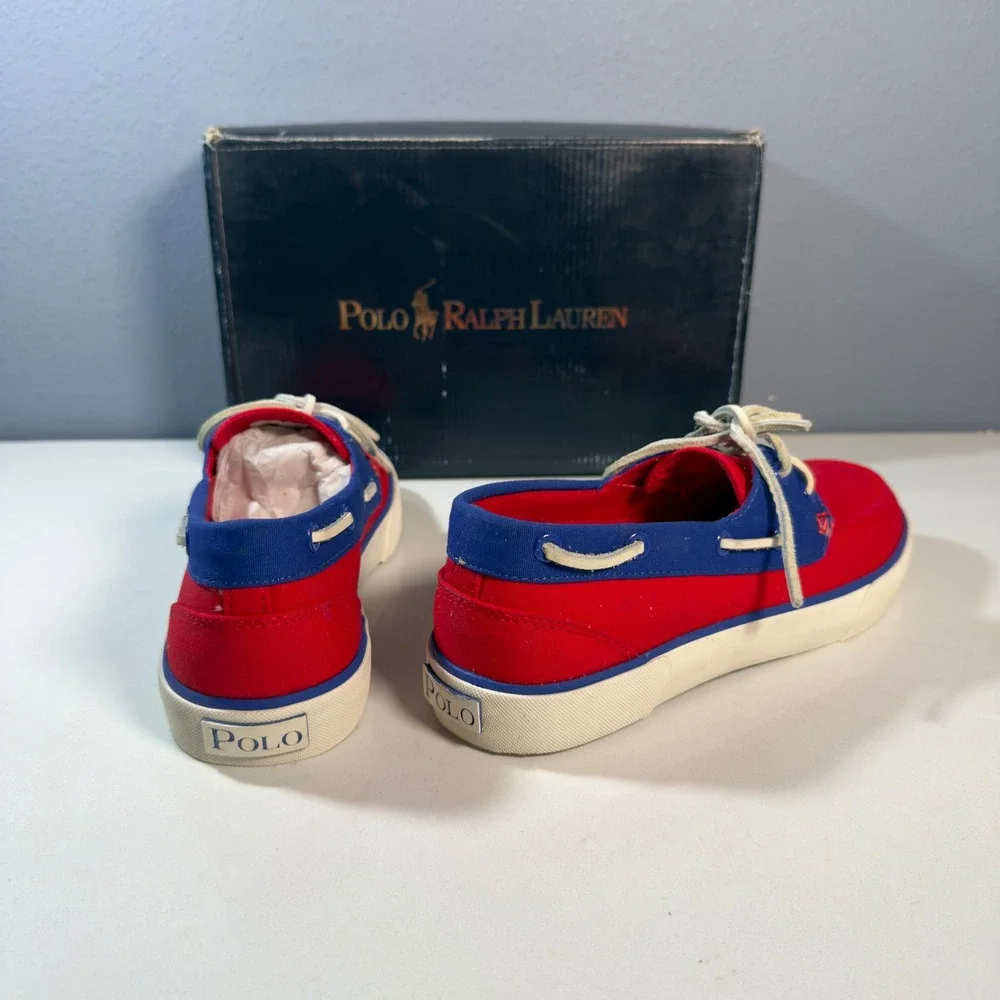 Polo Ralph Lauren Lander II Boat Shoe Mens 8.5 Red Blue New Canvas Sneaker